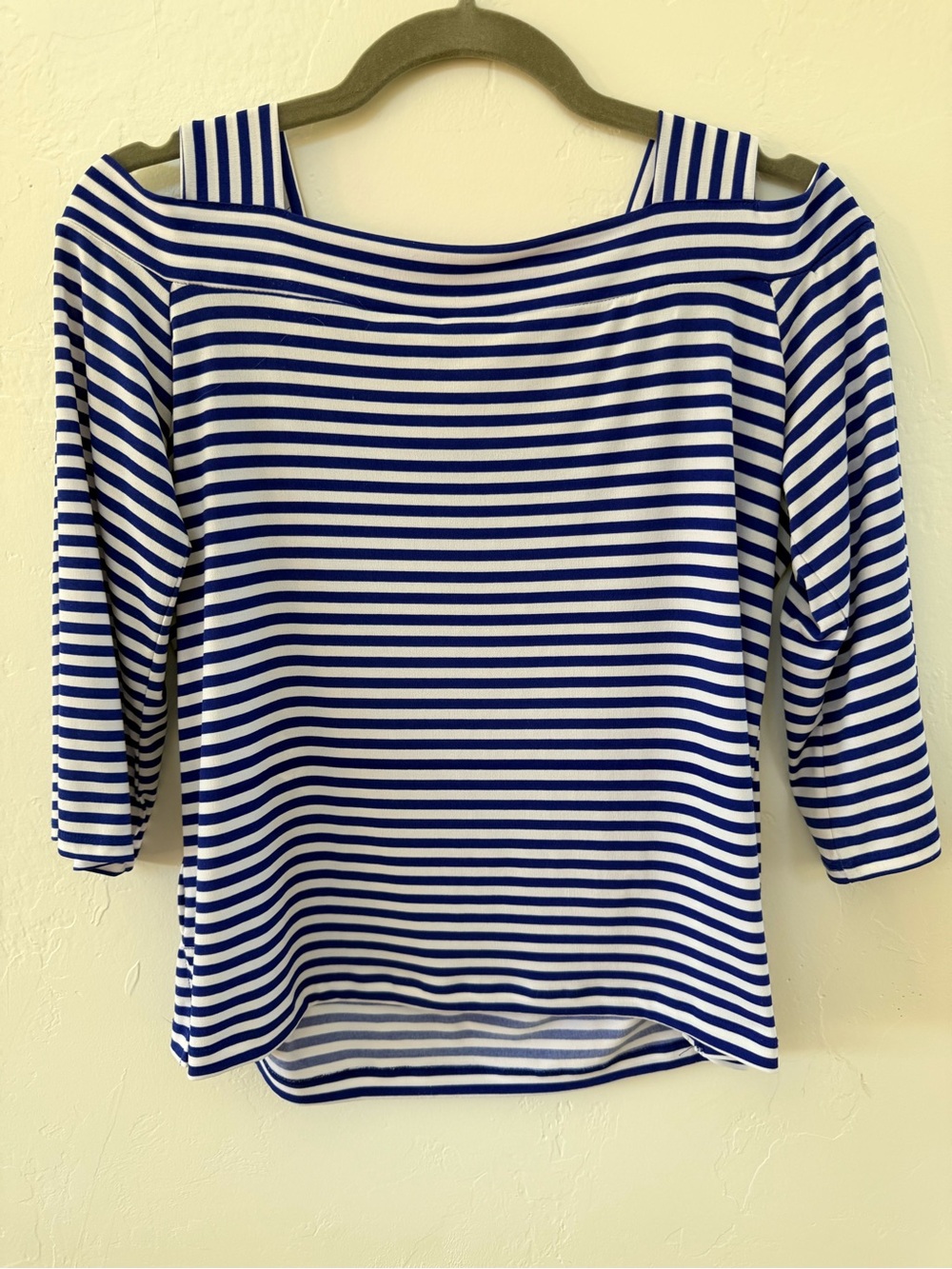Chico’s Blue White Striped Cold Shoulder Top Sz S Square Neck Stretch Knit